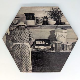 Vintage kitchen hex tile, 6-inch size, reproducing a 1939 farmhouse baking photograph