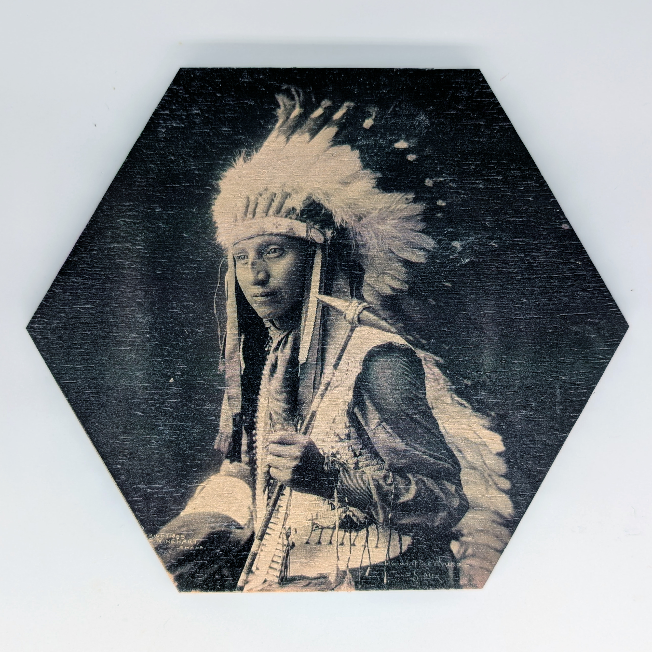 Sioux portrait hex tile, 6-inch size, reproducing an 1899 photograph of George Little Wound