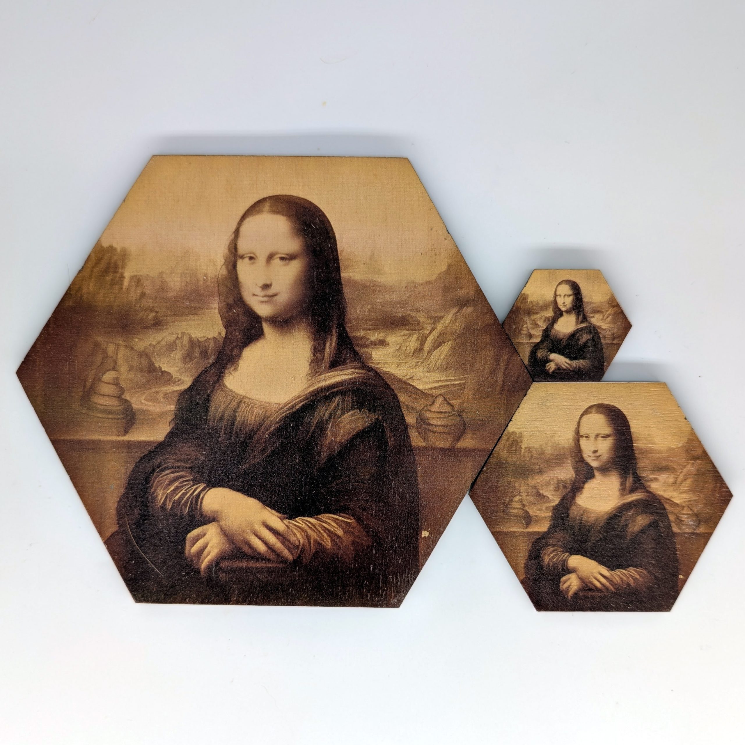 Mona Lisa hex tile shown in 1.5-inch, 3-inch, and 6-inch sizes