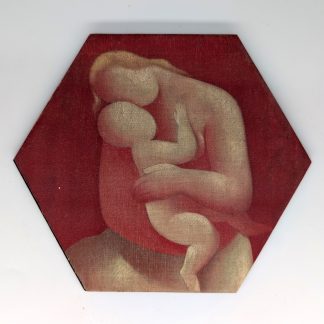 Red cubist hex tile, 6-inch size, depicting a mother and child based on Galanda's Mother (Pink Madonna)