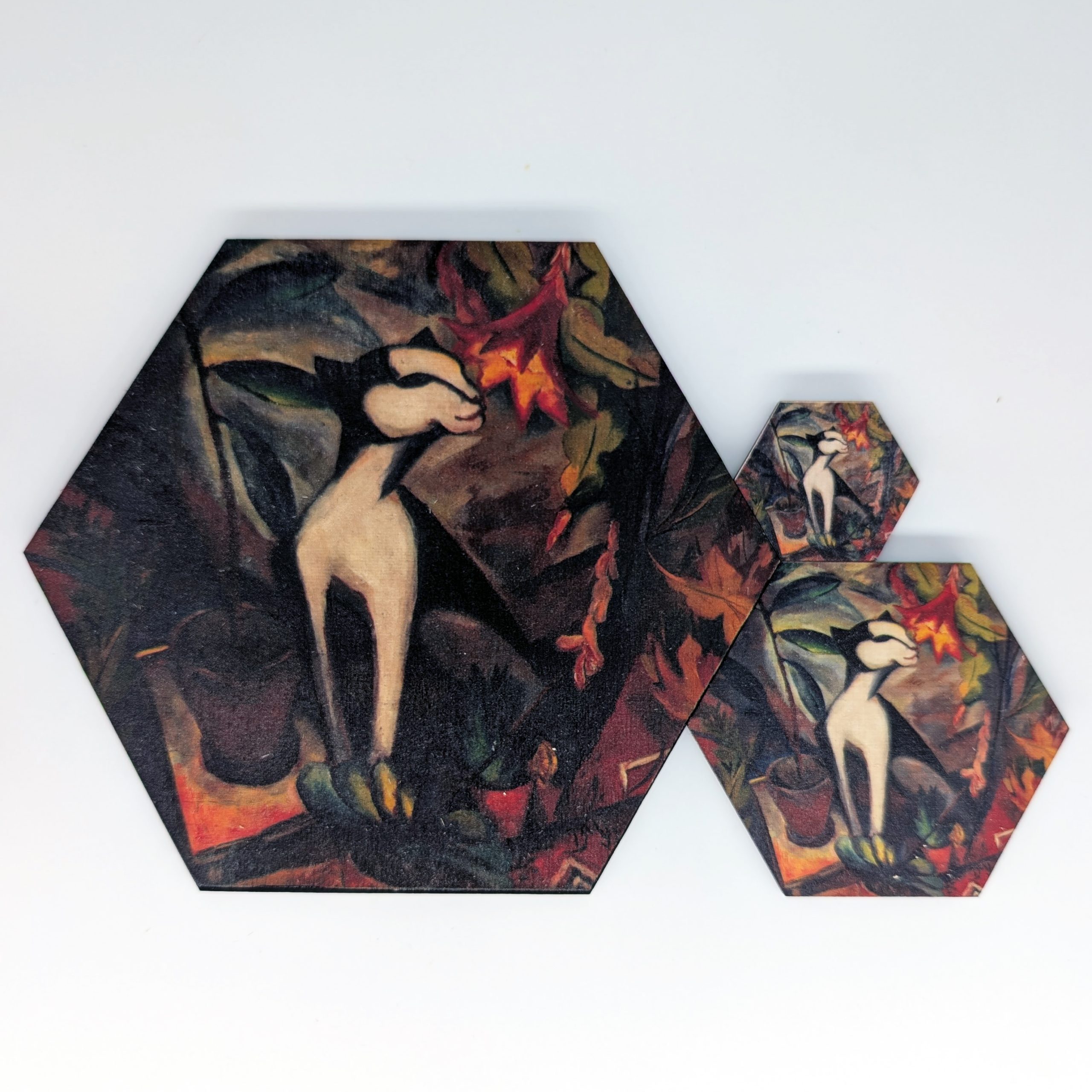 Cat with Cactus Flower expressionist hex tile shown in 1.5-inch, 3-inch, and 6-inch sizes