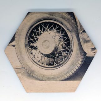 Vintage wheel hex tile, 6-inch size, featuring an early 20th century wire-spoke automobile wheel