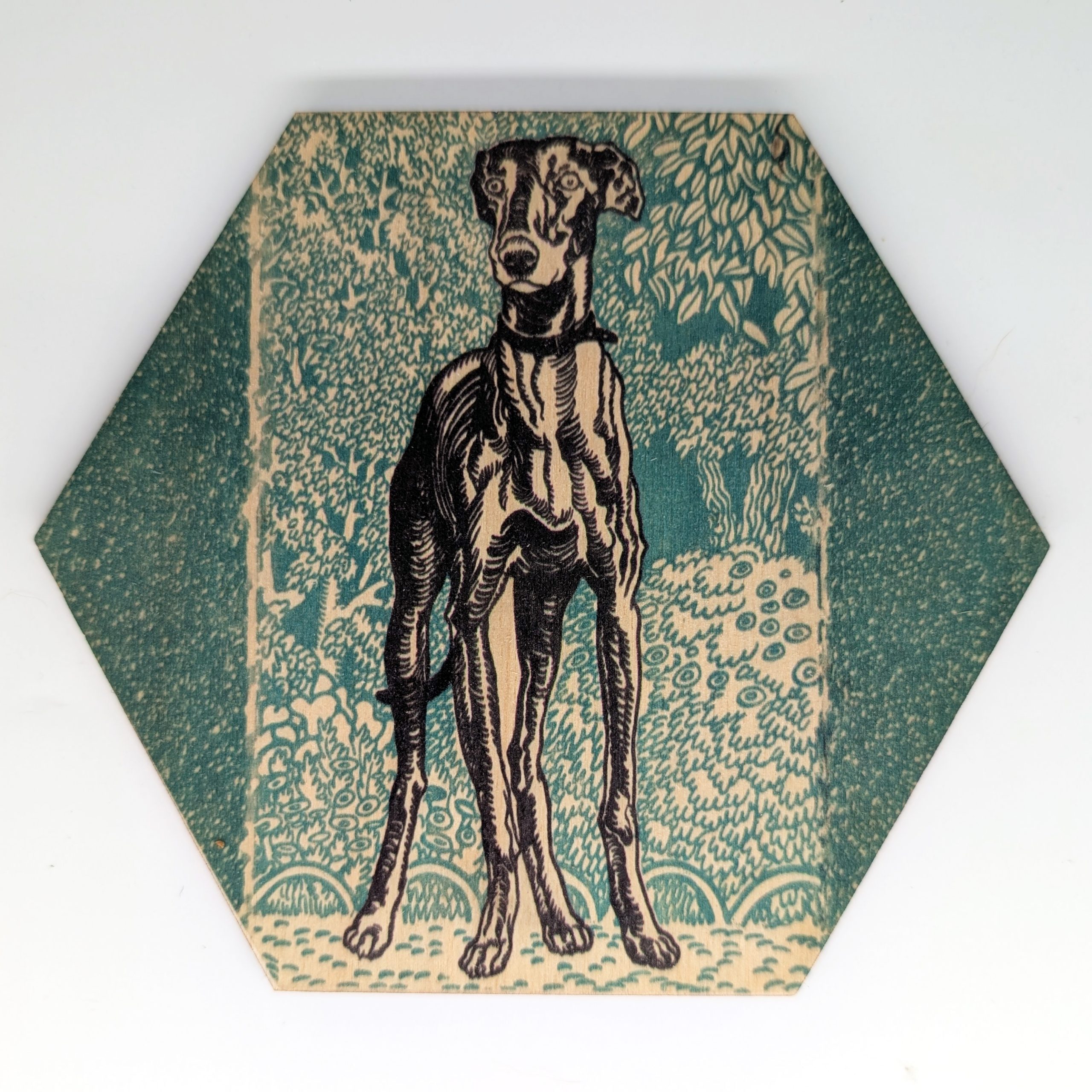 Green greyhound hex tile, 6-inch size, reproducing Moriz Jung's Wiener Werkstätte print