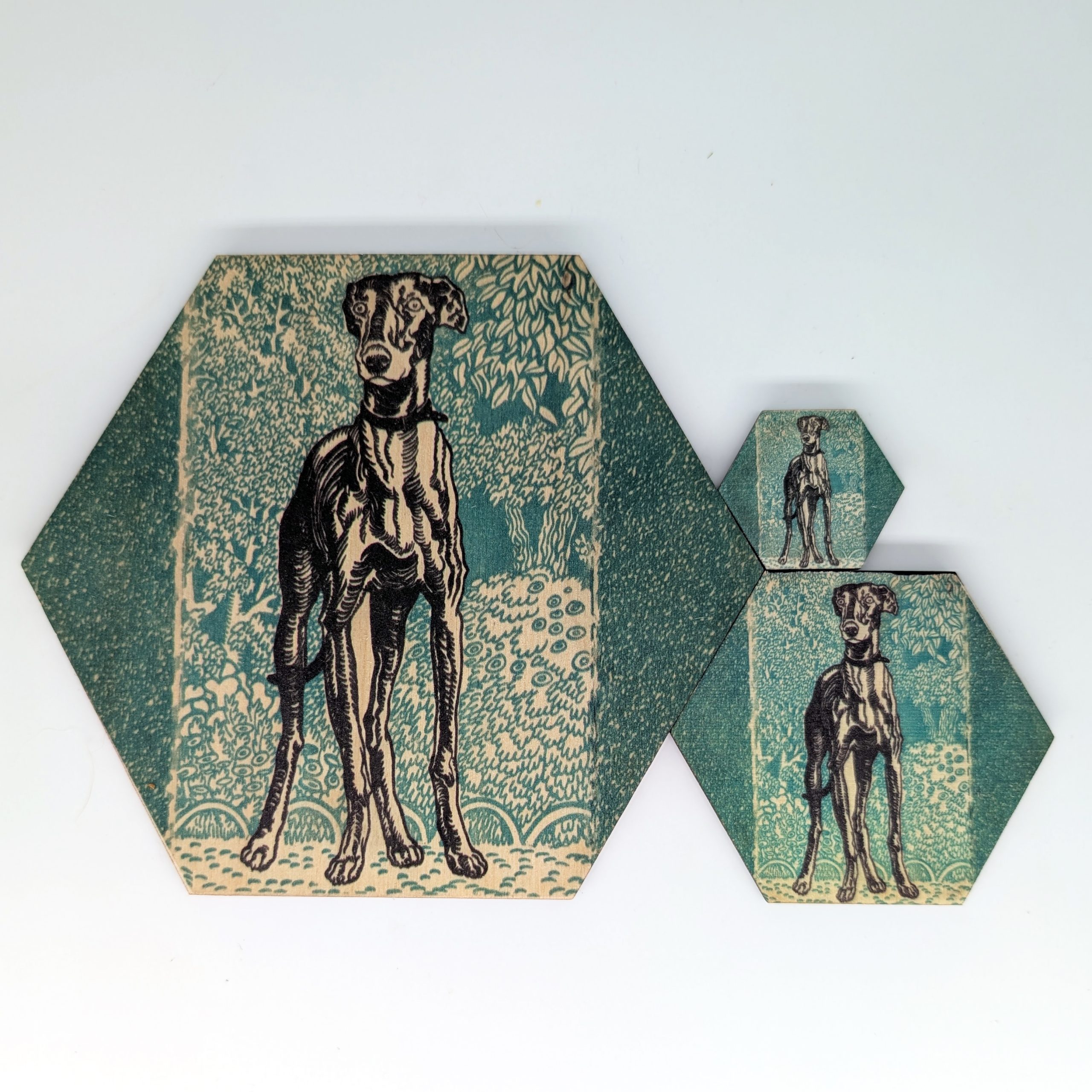 Greyhound green hex tile shown in 1.5-inch, 3-inch, and 6-inch sizes