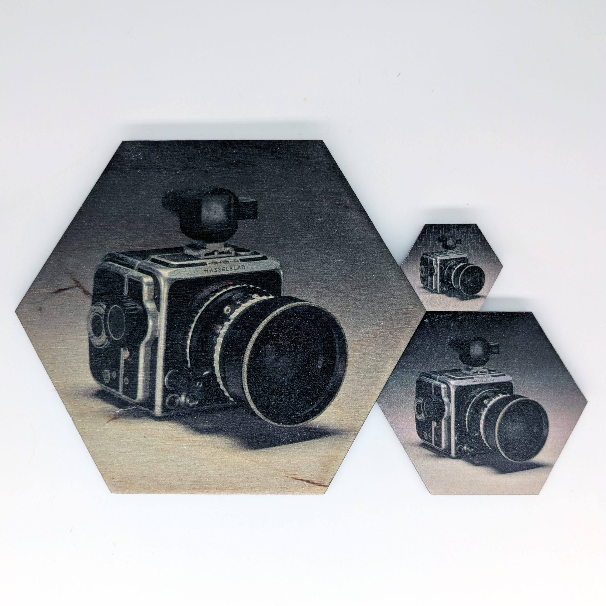 Vintage Camera hex tile shown in 1.5-inch, 3-inch, and 6-inch sizes