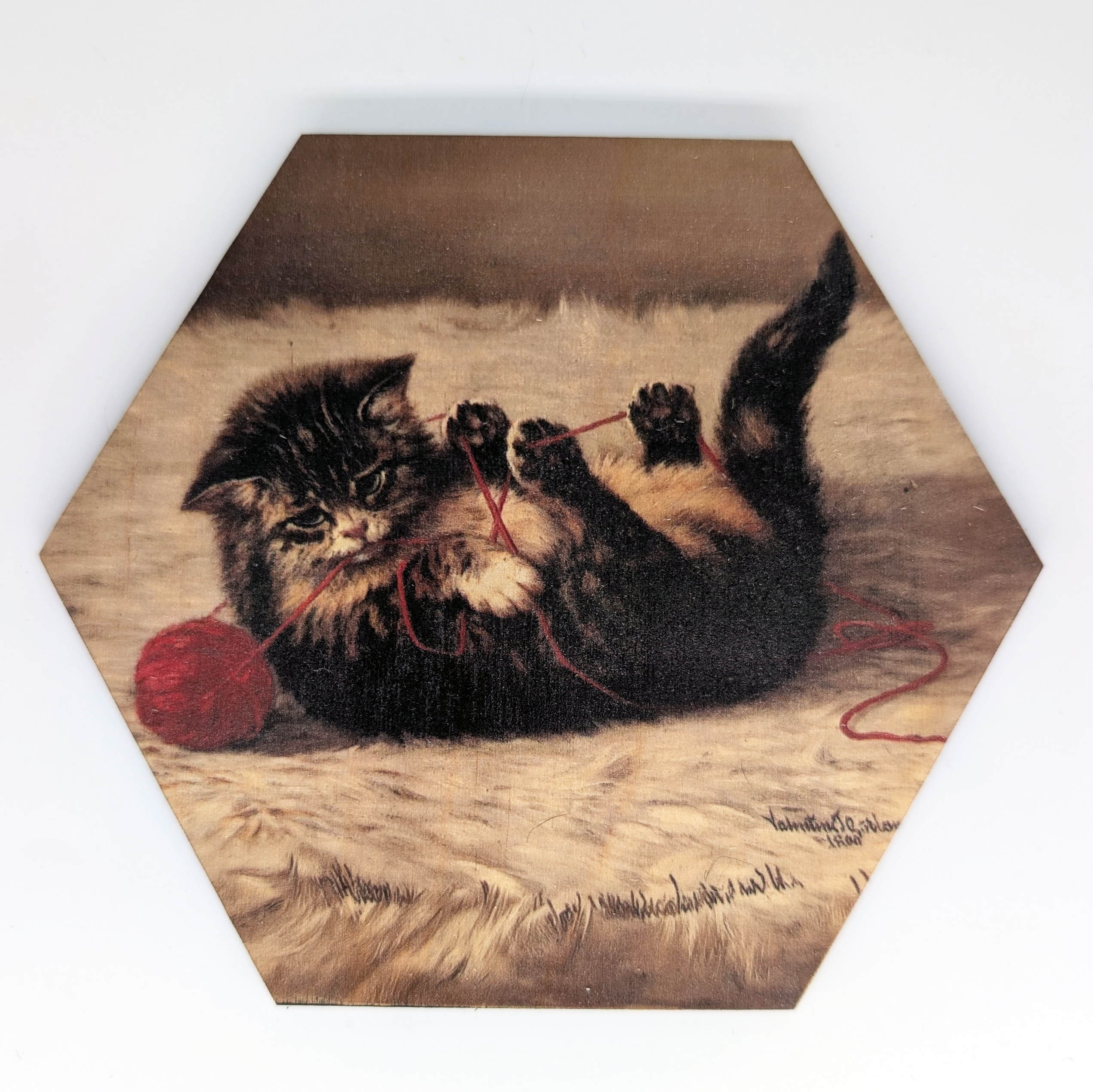 Kitten yarn hex tile, 6-inch size, reproducing Valentine Thomas Garland's Cat's Cradle