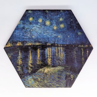 Blue starry night hex tile, 6-inch size, reproducing Van Gogh's Starry Night Over the Rhône