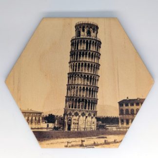 Sepia tower hex tile, 6-inch size, reproducing an 1850s photograph of the Leaning Tower of Pisa