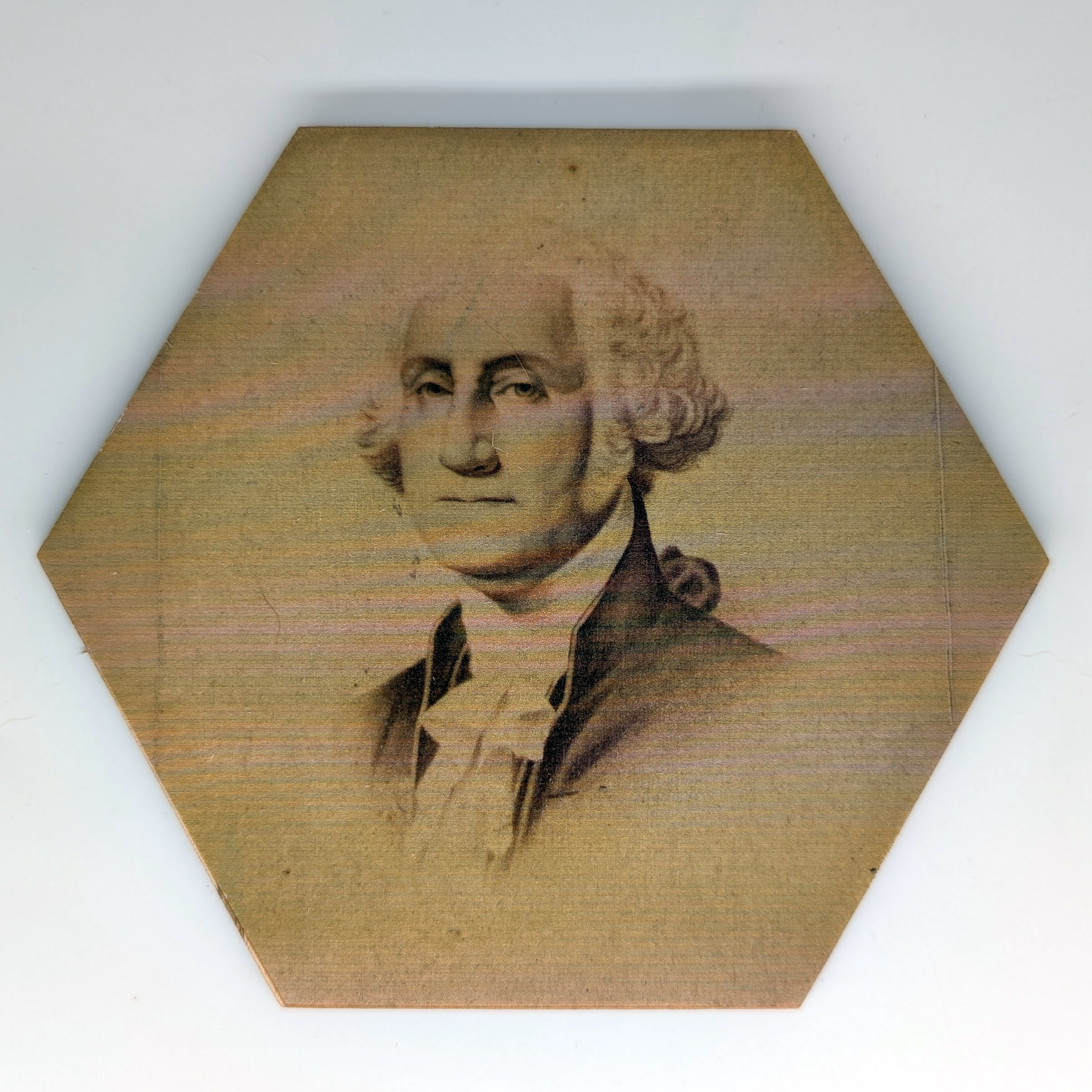 George Washington hex tile, 6-inch size, reproducing an 1870s photographic copy of the Gilbert Stuart portrait
