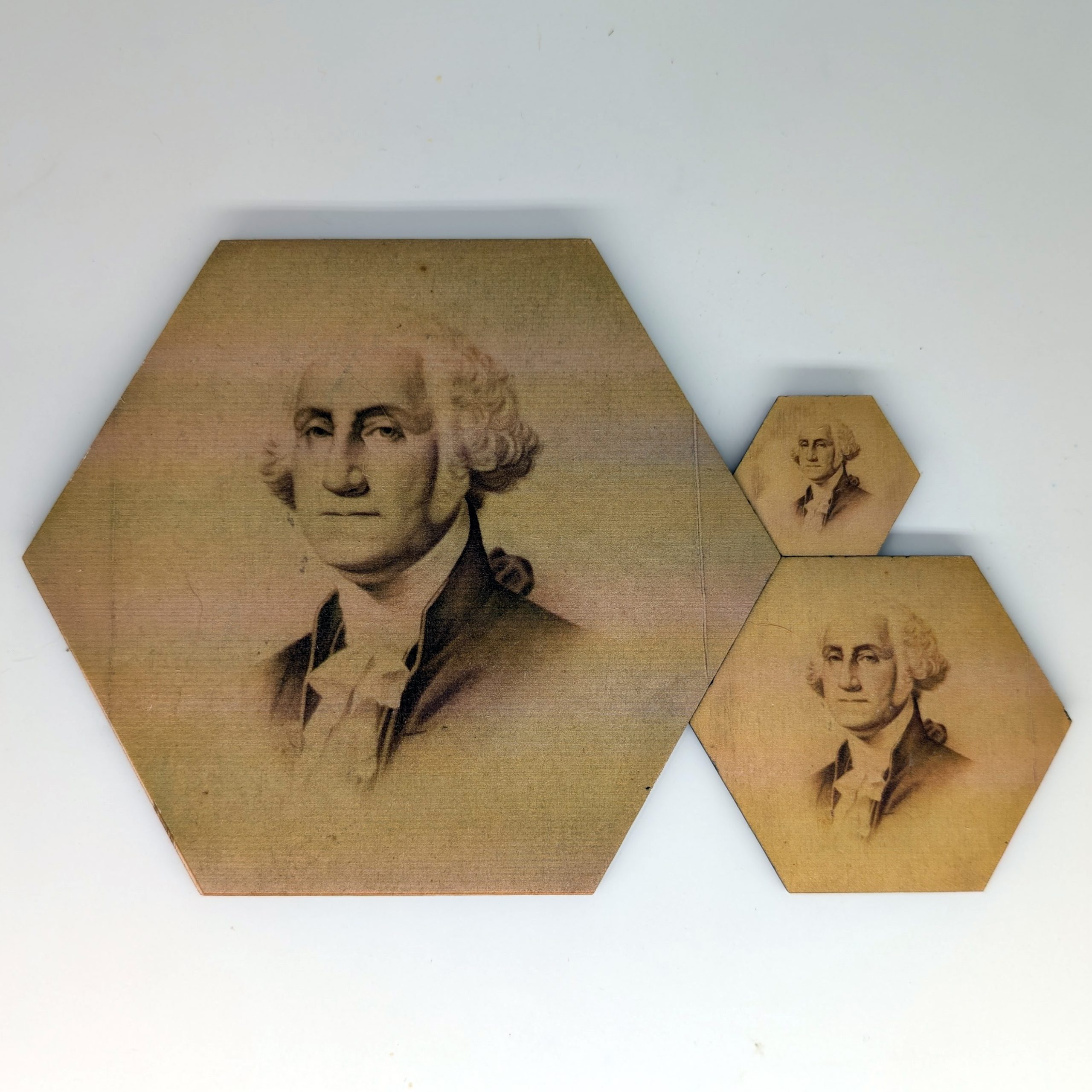 George Washington hex tile shown in 1.5-inch, 3-inch, and 6-inch sizes