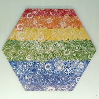 Rainbow mandala hex tile with hand-drawn floral pattern across six color bands
