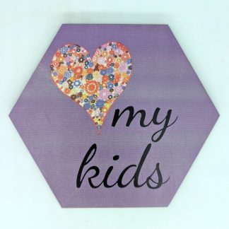 Purple heart hex tile with hand-drawn mandala pattern and "my kids" script text
