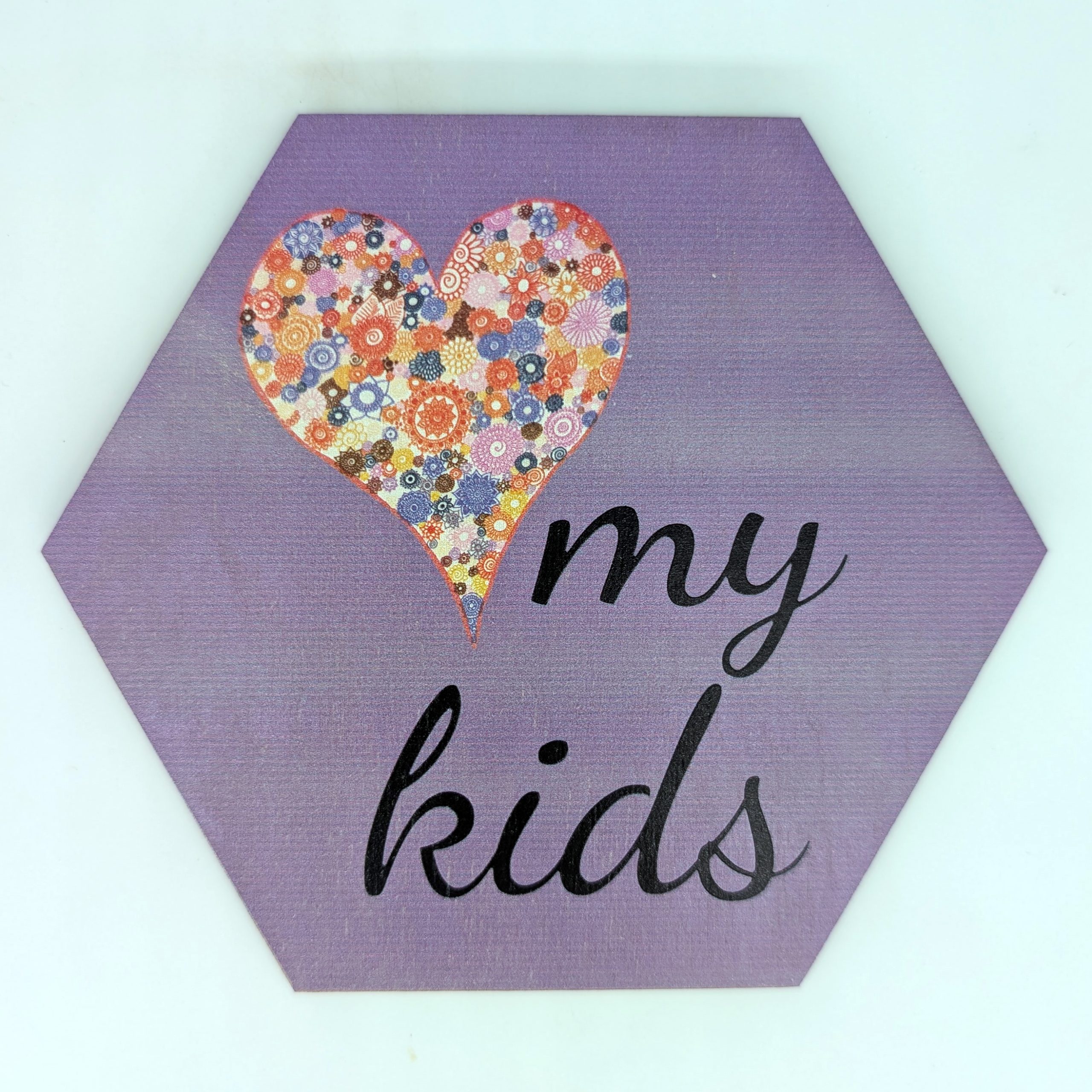 Purple heart hex tile with hand-drawn mandala pattern and "my kids" script text
