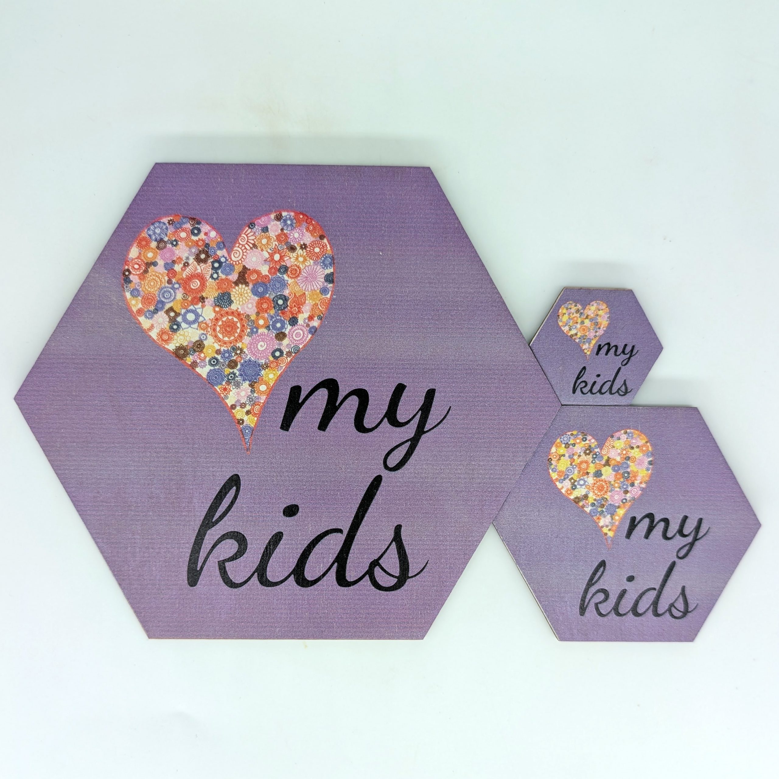 Love My Kids purple heart hex tile shown in 6-inch, 9-inch, and 12-inch sizes
