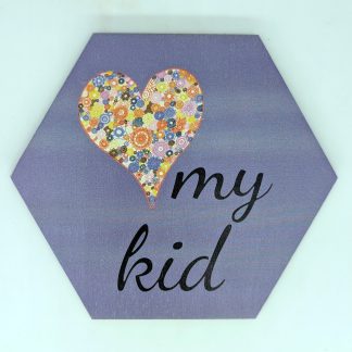 Purple floral heart hex tile, 6-inch size, with hand-drawn mandala pattern and "my kid" script text