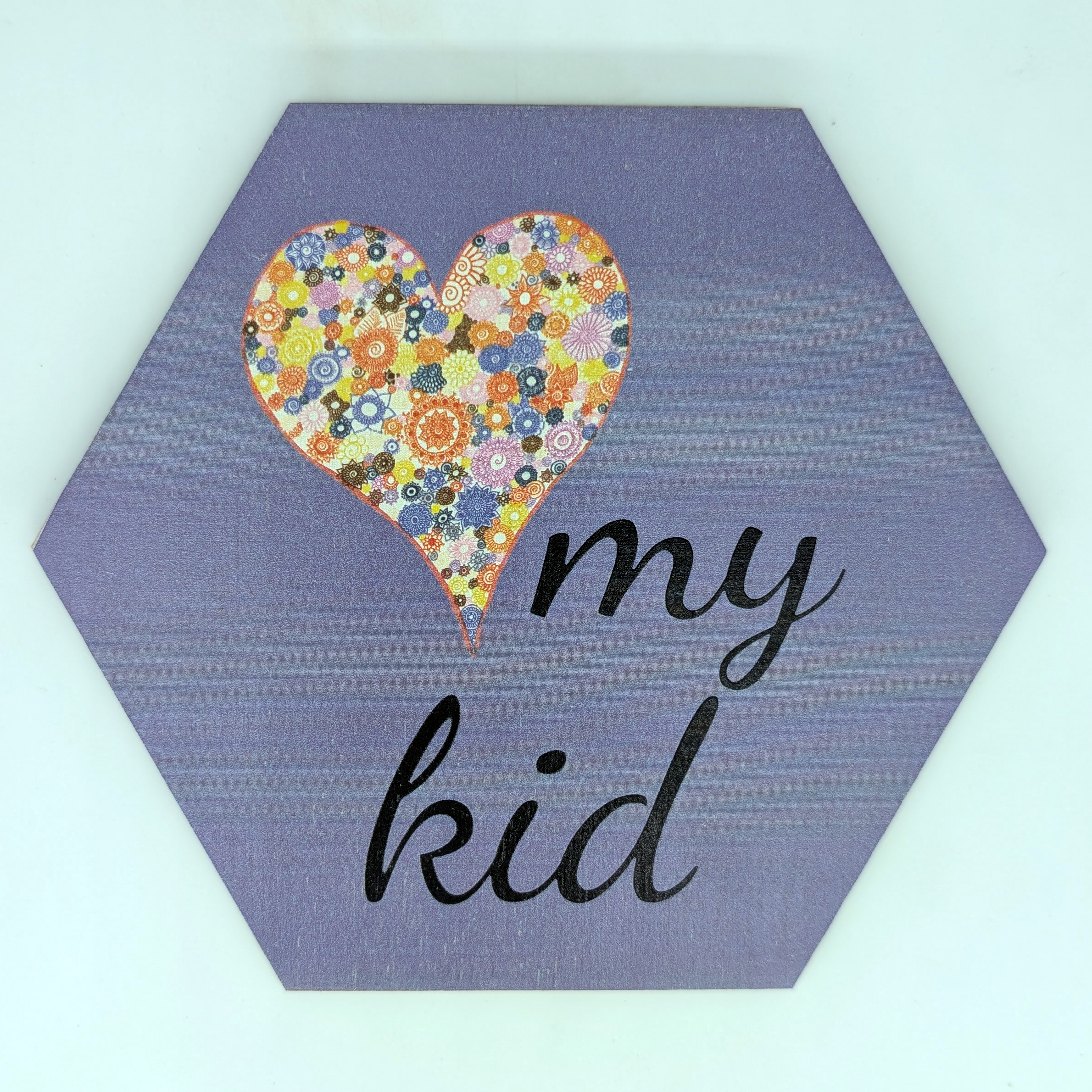 Purple floral heart hex tile, 6-inch size, with hand-drawn mandala pattern and "my kid" script text
