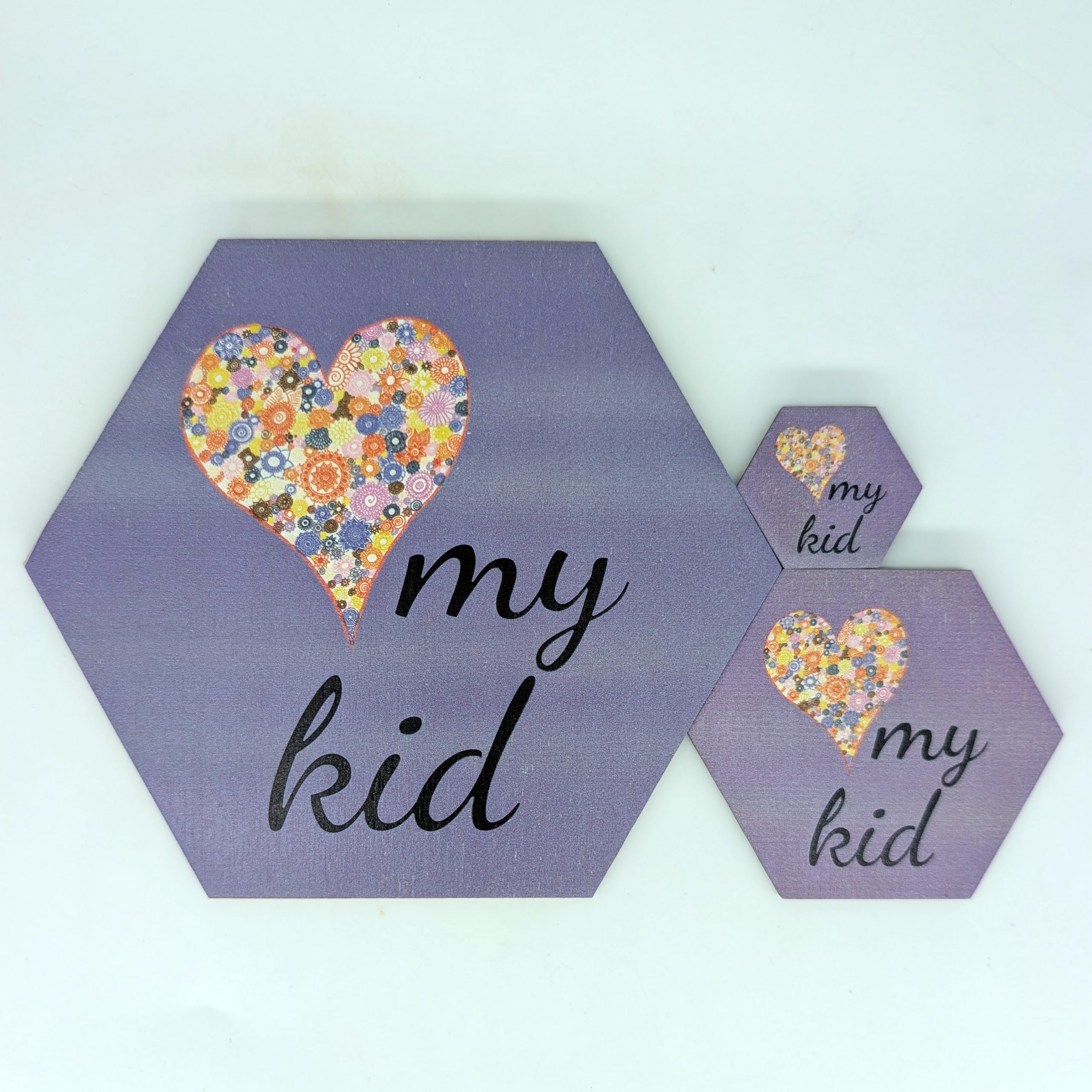 Love My Kid purple floral heart hex tile shown in 1.5-inch, 3-inch, and 6-inch sizes